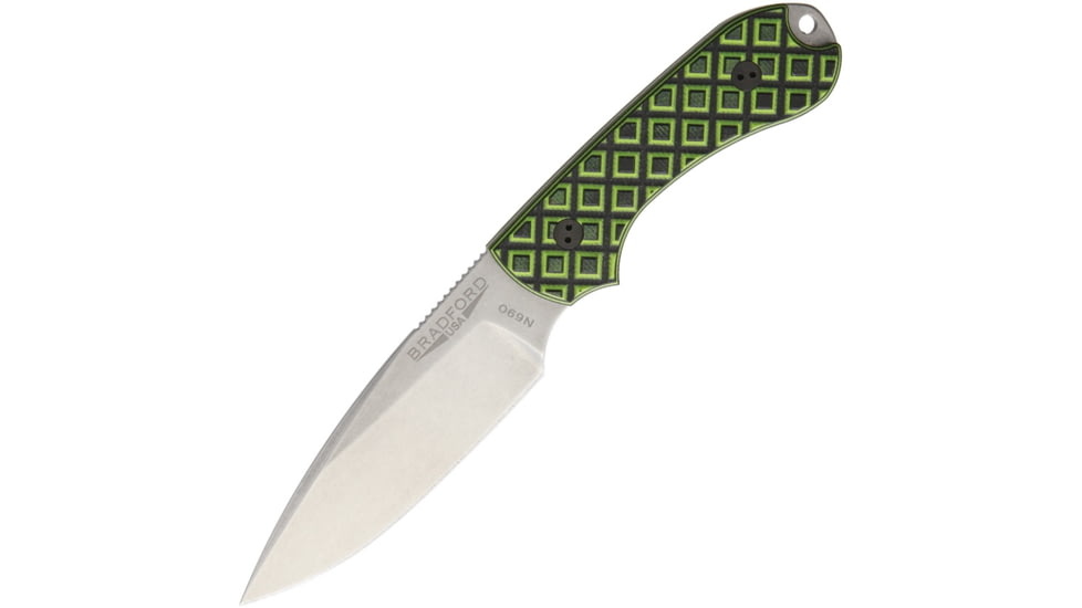 Bradford Knives Guardian 3 Toxic, Green/Black Fixed Blade Knife, 6.75in Overall, 3.25in Stonewash N690 SS Drop Point, Textured G10 Handle, Green/ Black Handle, Brown Leather, Black, 3FE-010-N690