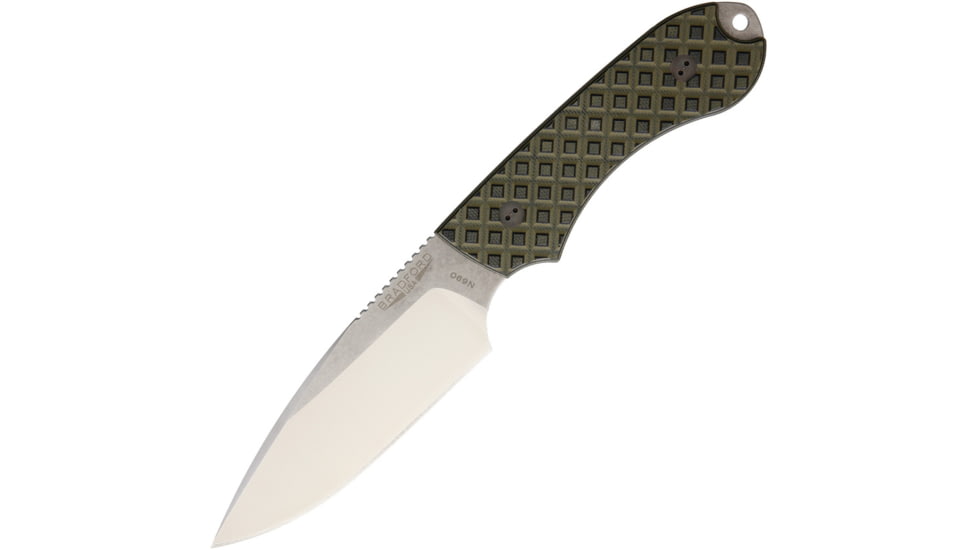 Bradford Knives Guardian 4 OD Green / Black Knife, 4.5 stonewash finish Bohler N690 stainless drop p, Textured g10 handle, 4FE-009-N690