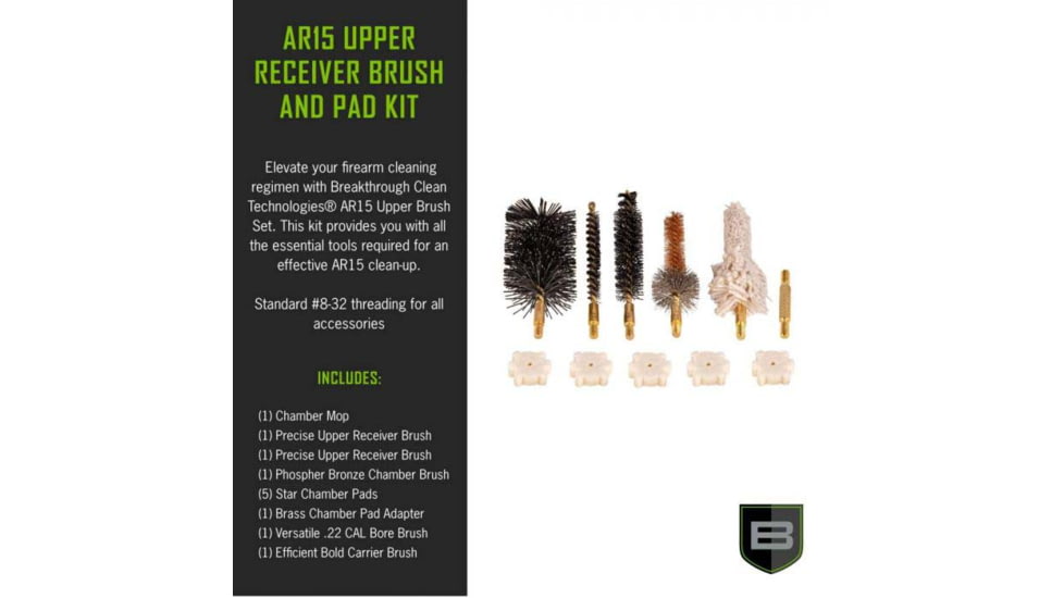 Breakthrough Clean Technologies AR15 Upper Brush Set w/ Chamber Pads, Black / Green, AR15, BT-AR15UBS