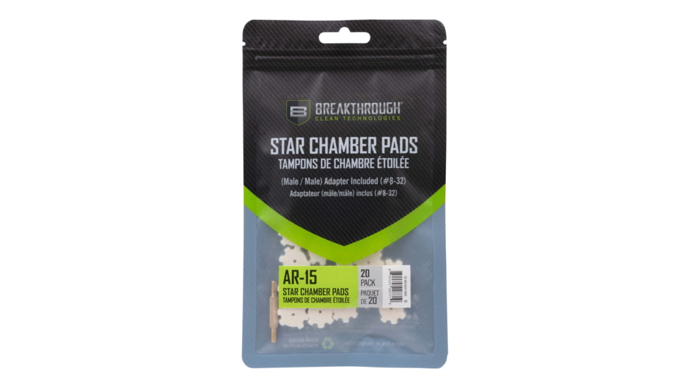 Breakthrough Clean Technologies AR-15 Star Chamber Pad - 20 Pack with 8-32 Thread Male/Male Adapter, BT-AR15SCP-20PK