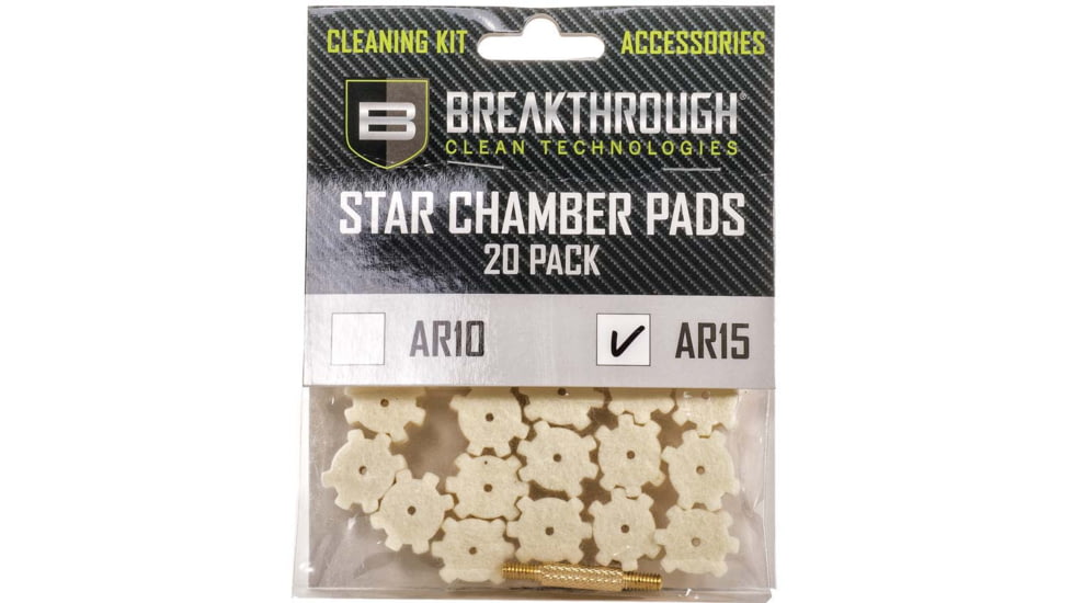 Breakthrough Clean Technologies AR-15 Star Chamber Pad - 20 Pack with 8-32 Thread Male/Male Adapter, BT-AR15SCP-20PK