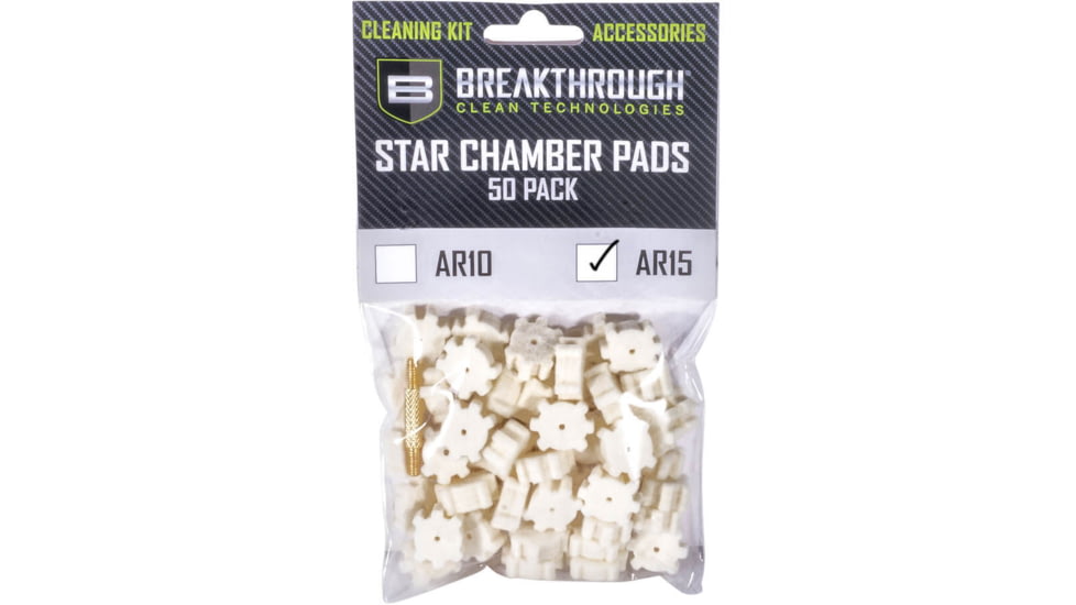 Breakthrough Clean Technologies AR-15 Star Chamber Pad - 50 Pack with 8-32 Thread Male/Male Adapter, BT-AR15SCP-50PK