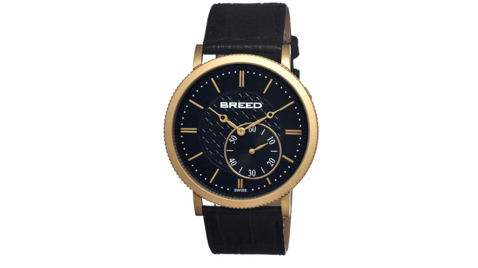 Breed Maxwell Mens Watch, Black Leather Band, Gold Bezel, Black Analog Dial, Gold Hand BRD4104