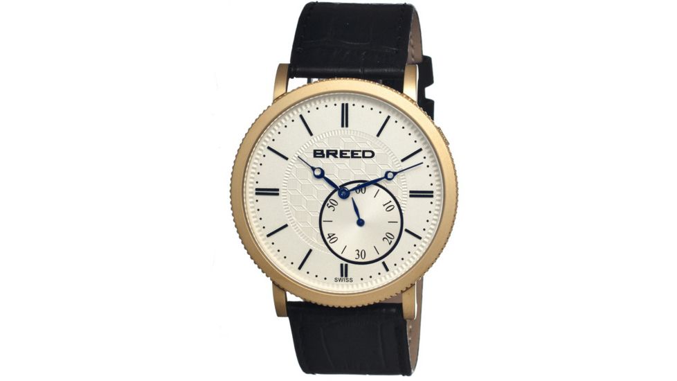 Breed Maxwell Mens Watch, Black Leather Band, Gold Bezel, Silver Analog Dial, Blue Hand BRD4103
