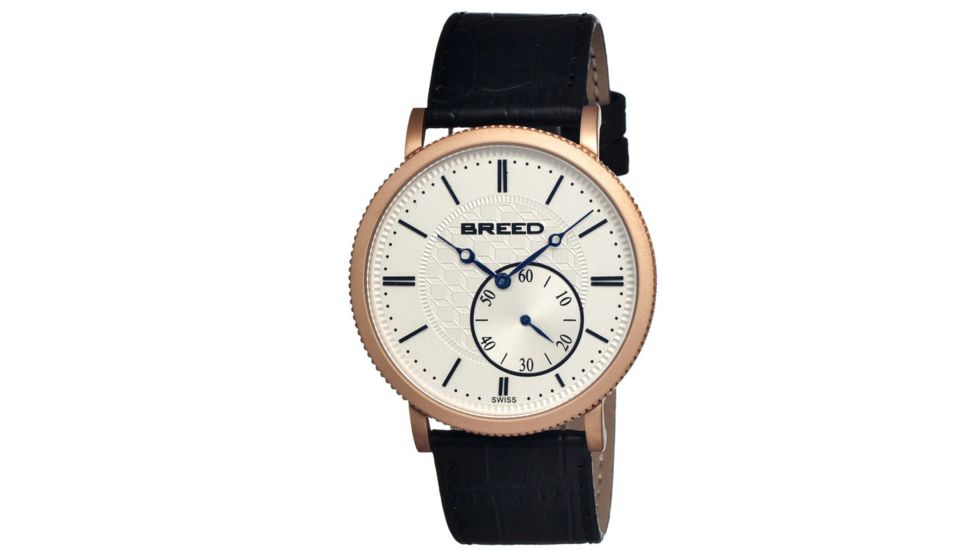Breed Maxwell Mens Watch, Black Leather Band, Rose Gold Bezel, Silver Analog Dial, Blue Hand BRD4105
