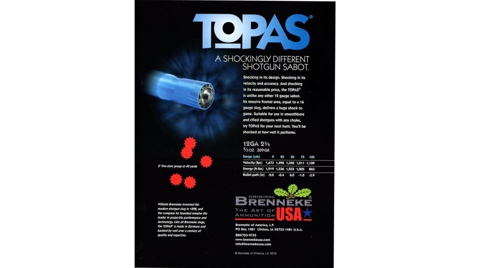 Brenneke Topas Sabot 12 Gauge 2/3 oz 2.75in Sabot Centerfire Shotgun Slug Ammo, 5 Rounds, Sl122Top