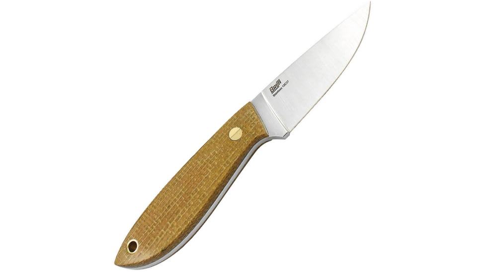 Brisa Bobtail 80 Mustard Micarta Fixed Blade Knife, 6.75in Overall, 3in Satin Sandvik 12C27 SS Blade, Scandi Grind Blade, Mustard Yute Micarta Handle, Brass Rivet And Lanyard Tube, Brown Leather Belt Sheath, 9951