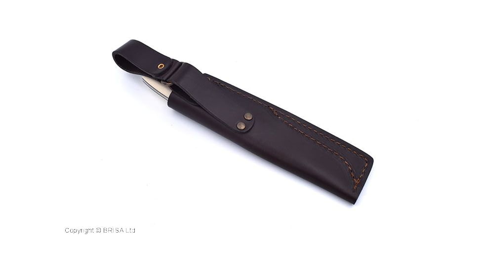 Brisa Trapper 115 Ivory Scandi Fixed Blade Knife, 8.88in Overall, 4.75in Satin Scandi Grind Elmax Steel Blade, Ivory Smooth Micarta Handle, Leather Sheath, 079-66499-1563
