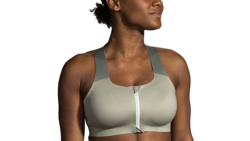 Brooks Dare Zip Run Bra 2.0 - Womens, Pebble/Dark Pebble/Cool Mint, 36DE, 350083326.036DE