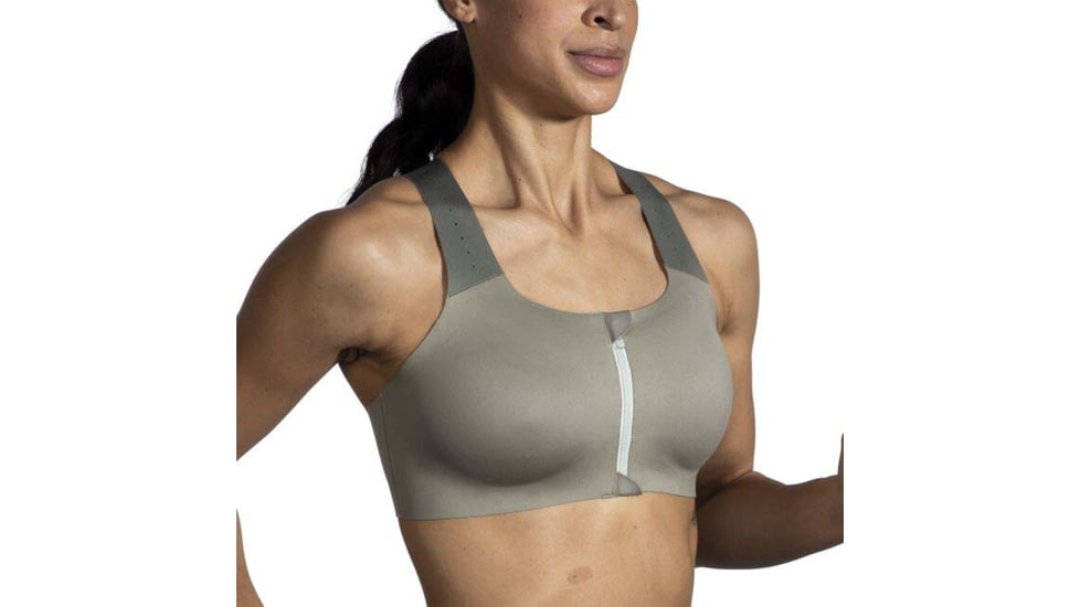 Brooks Dare Zip Run Bra 2.0 - Womens, Pebble/Dark Pebble/Cool Mint, 36DE, 350083326.036DE