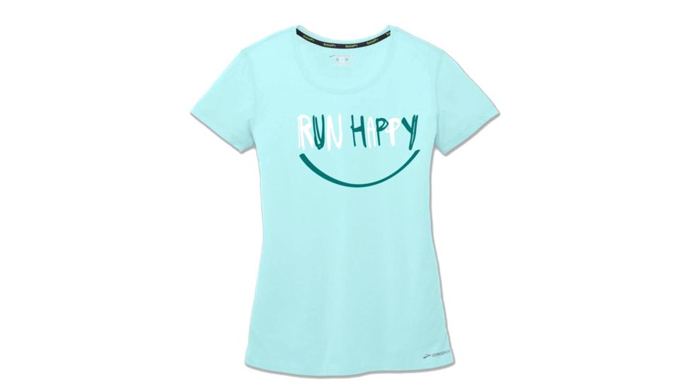 Brooks Distance Womens Running Short Sleeve Shirt, Pool/Ocean Smile Run Happy, 2XL, 221259-PL-OCNSMRH-XXL