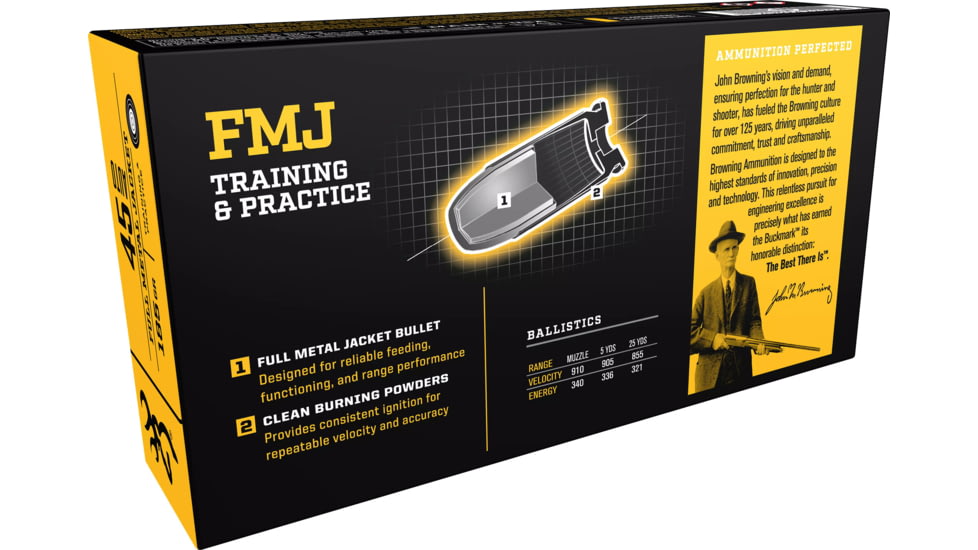 Browning .45 ACP, 185 Grain, Full Metal Jacket FMJ, Brass Cased, Centerfire Pistol Ammo, 50 Rounds, B191800452
