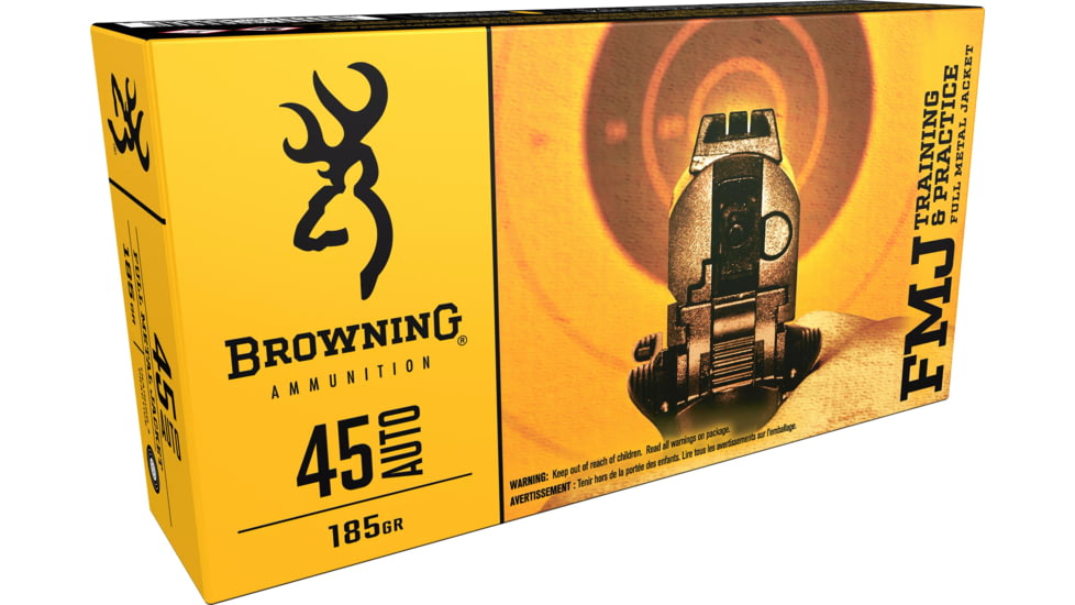 Browning .45 ACP, 185 Grain, Full Metal Jacket FMJ, Brass Cased, Centerfire Pistol Ammo, 50 Rounds, B191800452