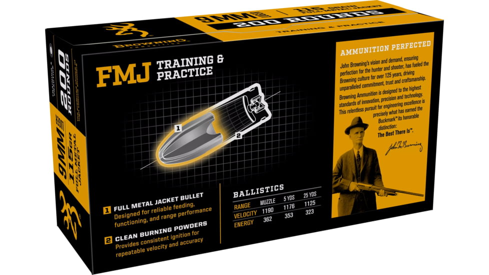 Browning 9mm Luger 115 Grain Full Metal Jacket Brass Cased Centerfire Pistol Ammo, 200 Rounds, B191800096