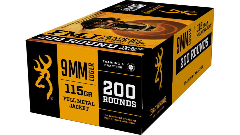 Browning 9mm Luger 115 Grain Full Metal Jacket Brass Cased Centerfire Pistol Ammo, 200 Rounds, B191800096