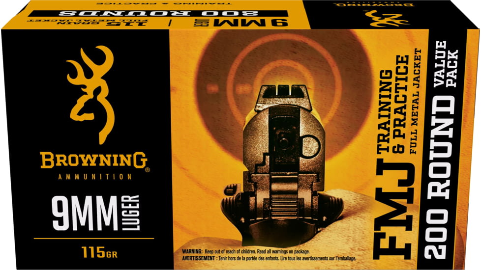 Browning 9mm Luger 115 Grain Full Metal Jacket Brass Cased Centerfire Pistol Ammo, 200 Rounds, B191800096