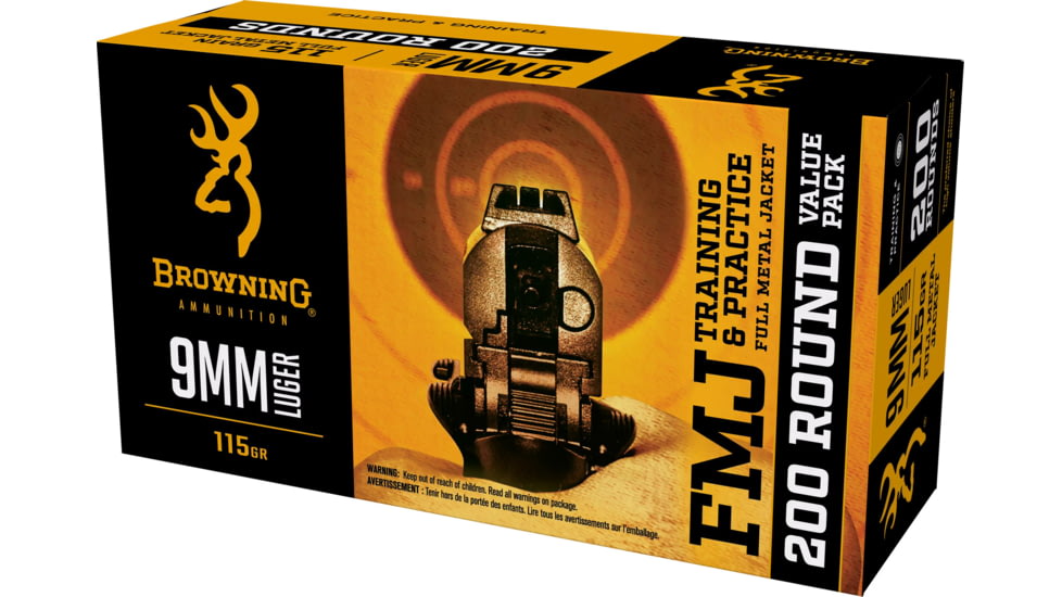 Browning 9mm Luger 115 Grain Full Metal Jacket Brass Cased Centerfire Pistol Ammo, 200 Rounds, B191800096