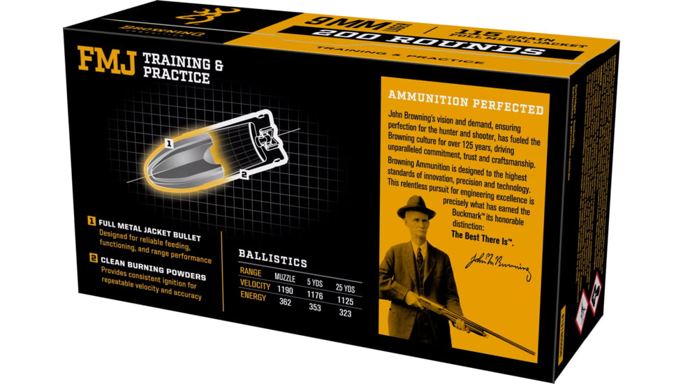 Browning 9mm Luger 115 Grain Full Metal Jacket Brass Cased Centerfire Pistol Ammo, 200 Rounds, B191800096