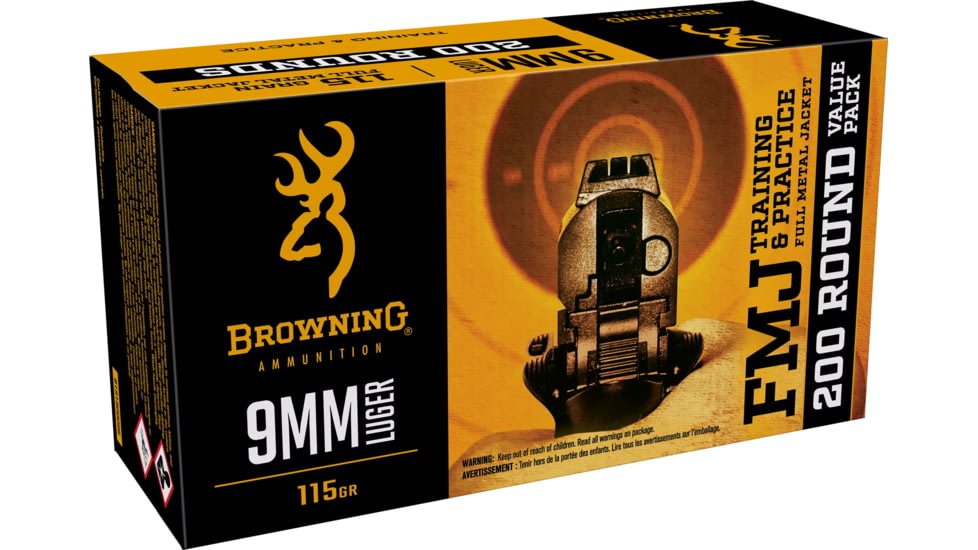 Browning 9mm Luger 115 Grain Full Metal Jacket Brass Cased Centerfire Pistol Ammo, 200 Rounds, B191800096