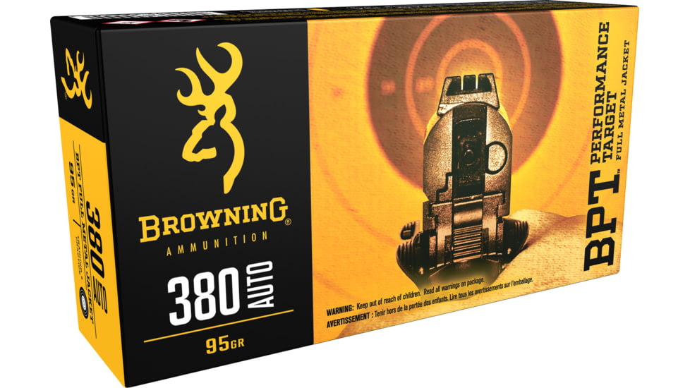 Browning BPT Performance Target Pistol .380 ACP 95 grain Full Metal Jacket Centerfire Pistol Ammo, 50 Rounds, B191803801