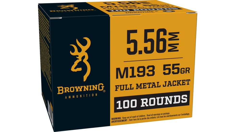 Browning 5.56x45mm NATO 55 Grain Full Metal Jacket Brass Cased Rifle Ammunition, 100 Rounds, BM193100