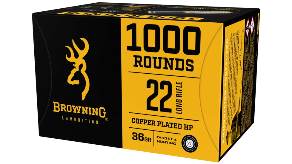 Browning BPR .22 Long Rifle 36 Grain Copper Plated Hollow Point Rimfire Ammo, 1000 Rounds, B194122000
