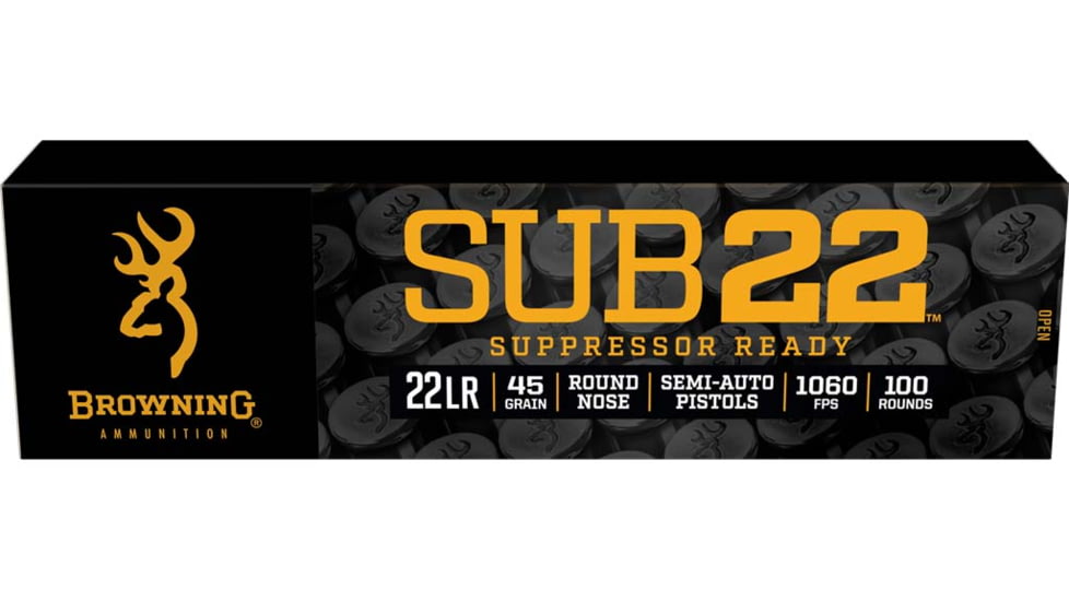 Browning BROWNING SUB-22 22 LR 45 Grain Blackened Lead Round Nose Brass Rifle Ammo, 100 Rounds, B194122102