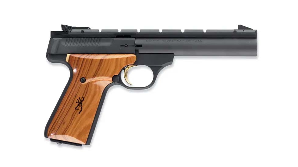 Browning Buck Mark 5.5 Field Pistol, .22 Long Rifle, 5.5 in barrel, matte blue aluminum frame, contoured walnut grip, blowback operated semi-auto, fixed blade front, adj. target rear, 10 round magazine, Buck Mark 5.5 Field-1-FRRMPG