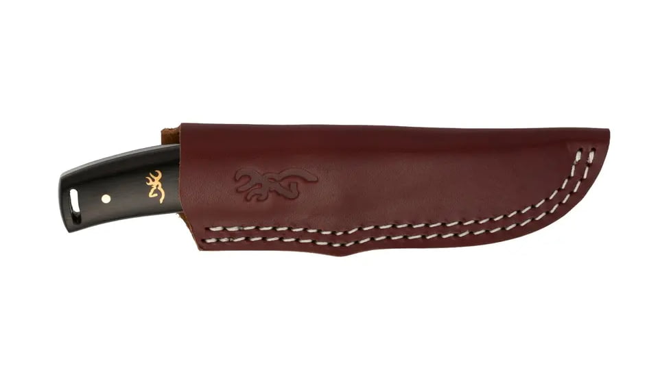 Browning Buckmark Hunter Fixed Blade Knife, 3.125in, 8Cr13MoV, Drop Point, Zebra/Ebony Wood Handle, Split Grain Leather, 3220271