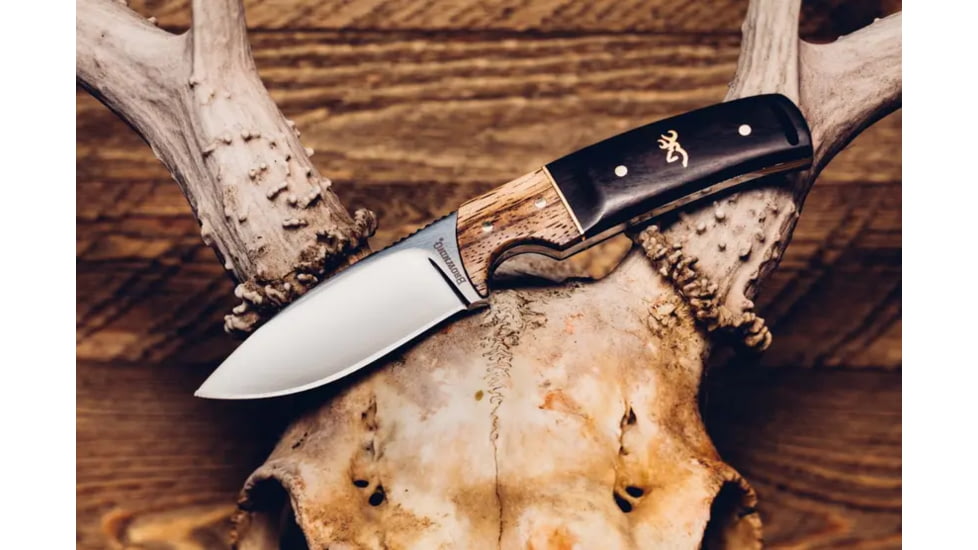 Browning Buckmark Hunter Fixed Blade Knife, 3.125in, 8Cr13MoV, Drop Point, Zebra/Ebony Wood Handle, Split Grain Leather, 3220271
