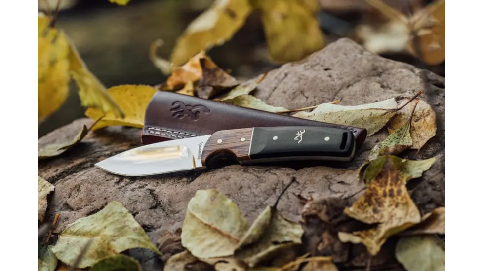 Browning Buckmark Hunter Fixed Blade Knife, 3.125in, 8Cr13MoV, Drop Point, Zebra/Ebony Wood Handle, Split Grain Leather, 3220271