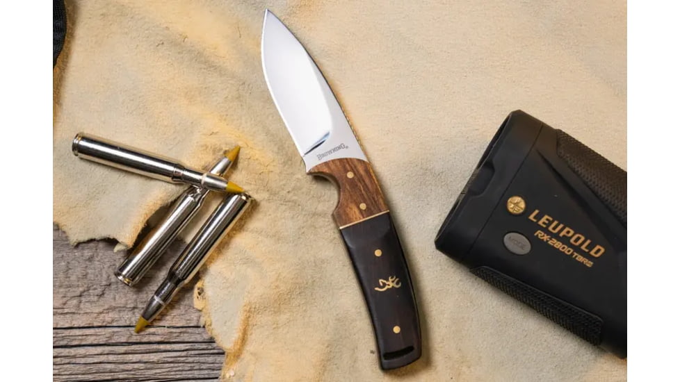 Browning Buckmark Hunter Fixed Blade Knife, 3.125in, 8Cr13MoV, Drop Point, Zebra/Ebony Wood Handle, Split Grain Leather, 3220271