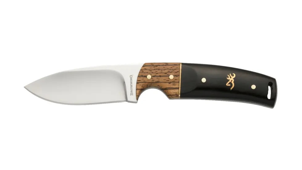 Browning Buckmark Hunter Fixed Blade Knife, 3.125in, 8Cr13MoV, Drop Point, Zebra/Ebony Wood Handle, Split Grain Leather, 3220271
