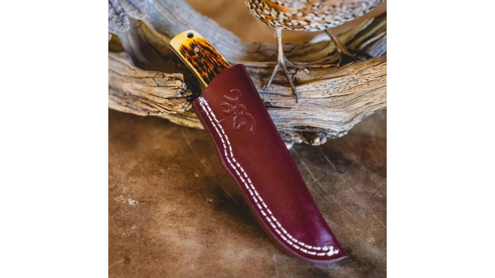 Browning Buckmark Hunter Fixed Blade Knife, 3in, 8Cr13MoV, Drop Point, Bone Handle, Leather, 3220509
