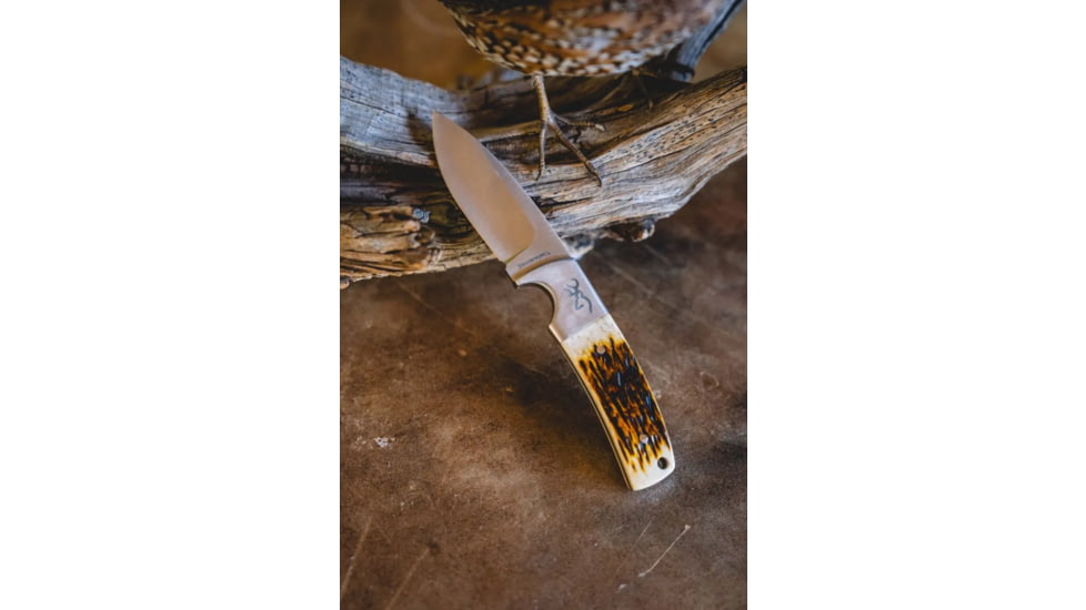 Browning Buckmark Hunter Fixed Blade Knife, 3in, 8Cr13MoV, Drop Point, Bone Handle, Leather, 3220509