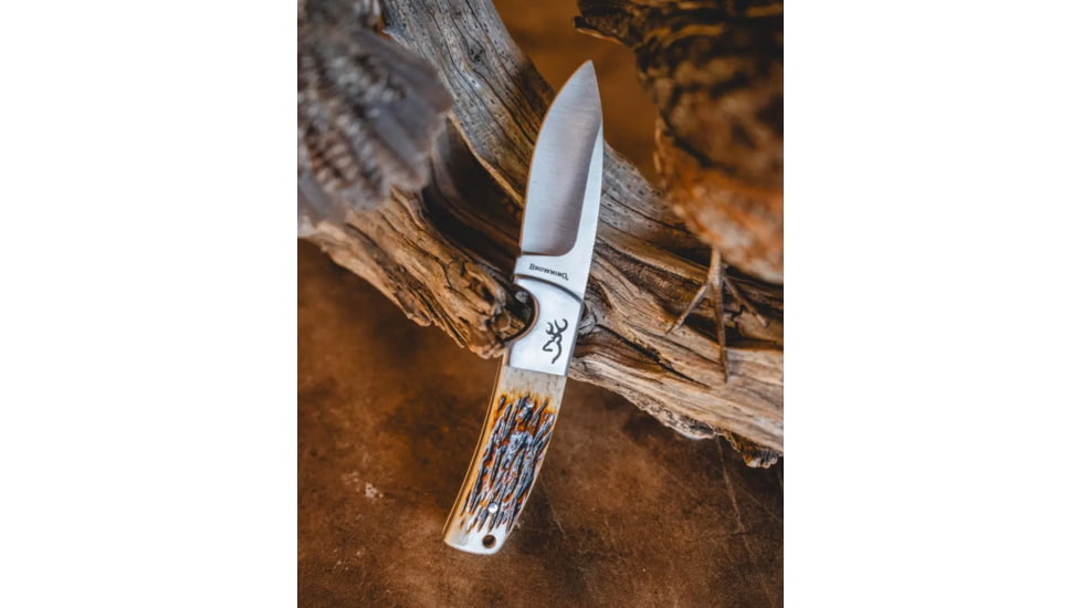 Browning Buckmark Hunter Fixed Blade Knife, 3in, 8Cr13MoV, Drop Point, Bone Handle, Leather, 3220509