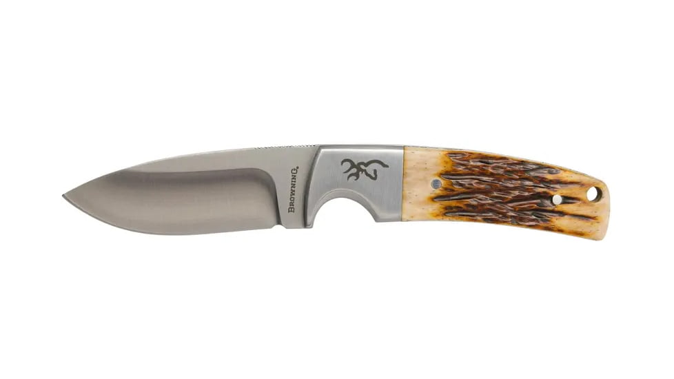 Browning Buckmark Hunter Fixed Blade Knife, 3in, 8Cr13MoV, Drop Point, Bone Handle, Leather, 3220509