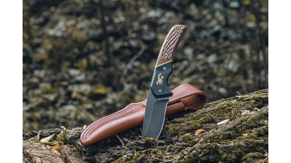 Browning Buckmark Hunter Large Fixed Blade Knife, 3.625in, 440-C, Drop Point, Wood Handle, Split Grain Leather, 3220397