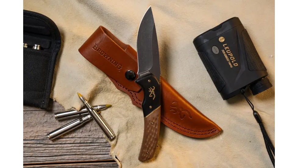 Browning Buckmark Hunter Large Fixed Blade Knife, 3.625in, 440-C, Drop Point, Wood Handle, Split Grain Leather, 3220397