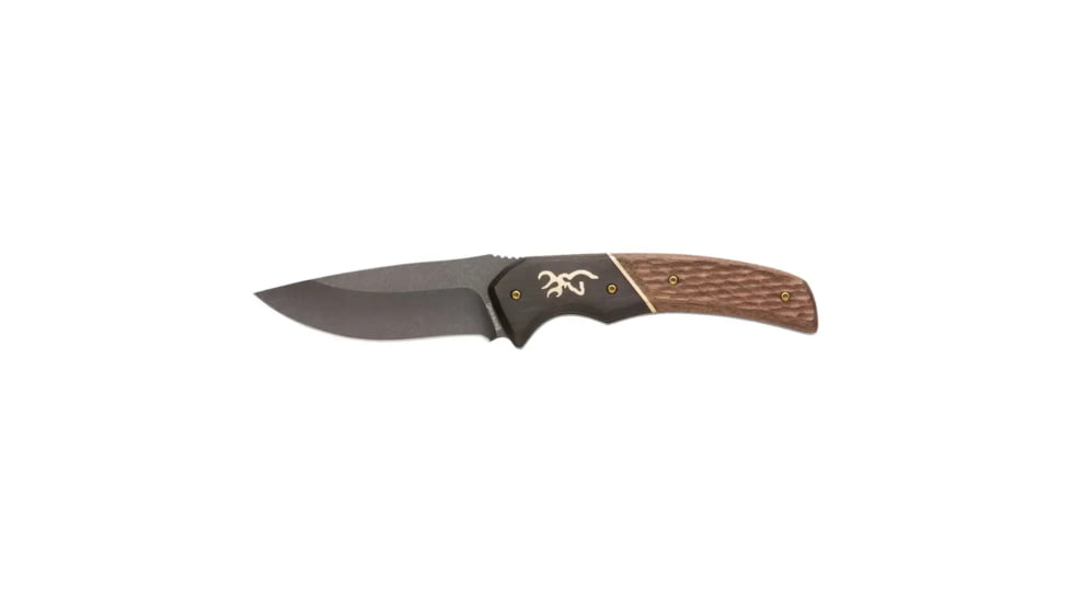 Browning Buckmark Hunter Large Fixed Blade Knife, 3.625in, 440-C, Drop Point, Wood Handle, Split Grain Leather, 3220397