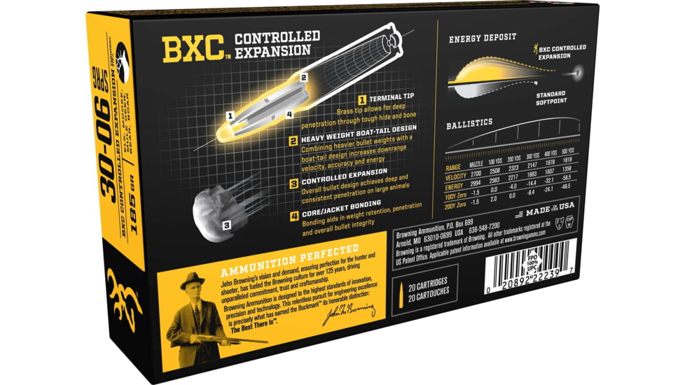 Browning BXC .30-06 Springfield 185 grain Controlled Expansion Terminal Tip Nickel Plated Brass Cased Centerfire Rifle Ammo, 20 Rounds, B192230061