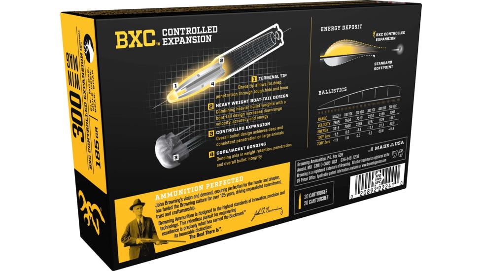 Browning BXC .300 Winchester Magnum 185 grain Controlled Expansion Terminal Tip Nickel Plated Brass Cased Centerfire Rifle Ammo, 20 Rounds, B192203001