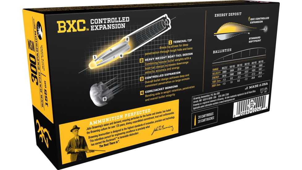 Browning BXC .300 Winchester Short Magnum 185 grain Controlled Expansion Terminal Tip Nickel Plated Brass Cased Centerfire Rifle Ammo, 20 Rounds, B192230001