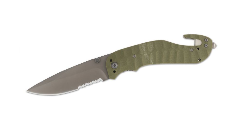 Browning Duration Seat Belt Cutter Folding Knife,3.375in Drop Point Steel Blade,Machined Green G-10 Handle 320174BL