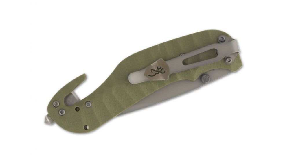 Browning Duration Seat Belt Cutter Folding Knife,3.375in Drop Point Steel Blade,Machined Green G-10 Handle 320174BL