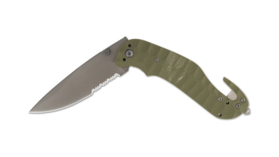 Browning Duration Seat Belt Cutter Folding Knife,3.375in Drop Point Steel Blade,Machined Green G-10 Handle 320174BL
