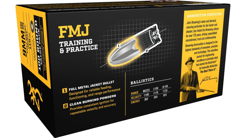 Browning FMJ 9mm Luger 115 grain Full Metal Jacket Centerfire Pistol Ammo, 100 Rounds, B191800094