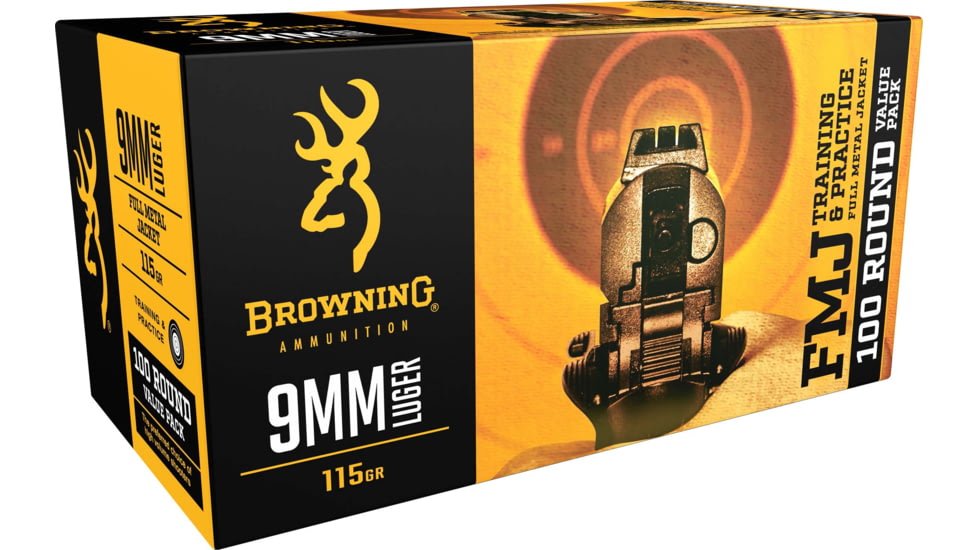 Browning FMJ 9mm Luger 115 grain Full Metal Jacket Centerfire Pistol Ammo, 100 Rounds, B191800094
