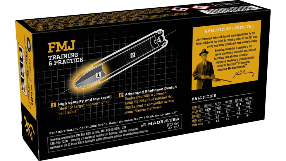 Browning FMJ Target .350 Legend 124 grain Full Metal Jacket Brass Cased Centerfire Rifle Ammo, 20 Rounds, B192803501