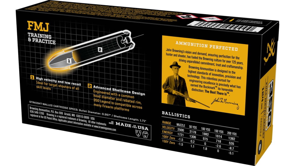 Browning FMJ Target .350 Legend 124 grain Full Metal Jacket Brass Cased Centerfire Rifle Ammo, 20 Rounds, B192803501